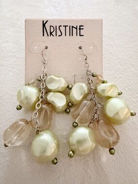 KRISTINE Dangle Cluster Drop Earrings Pale Green Faux Pearl Silver Tone Boho